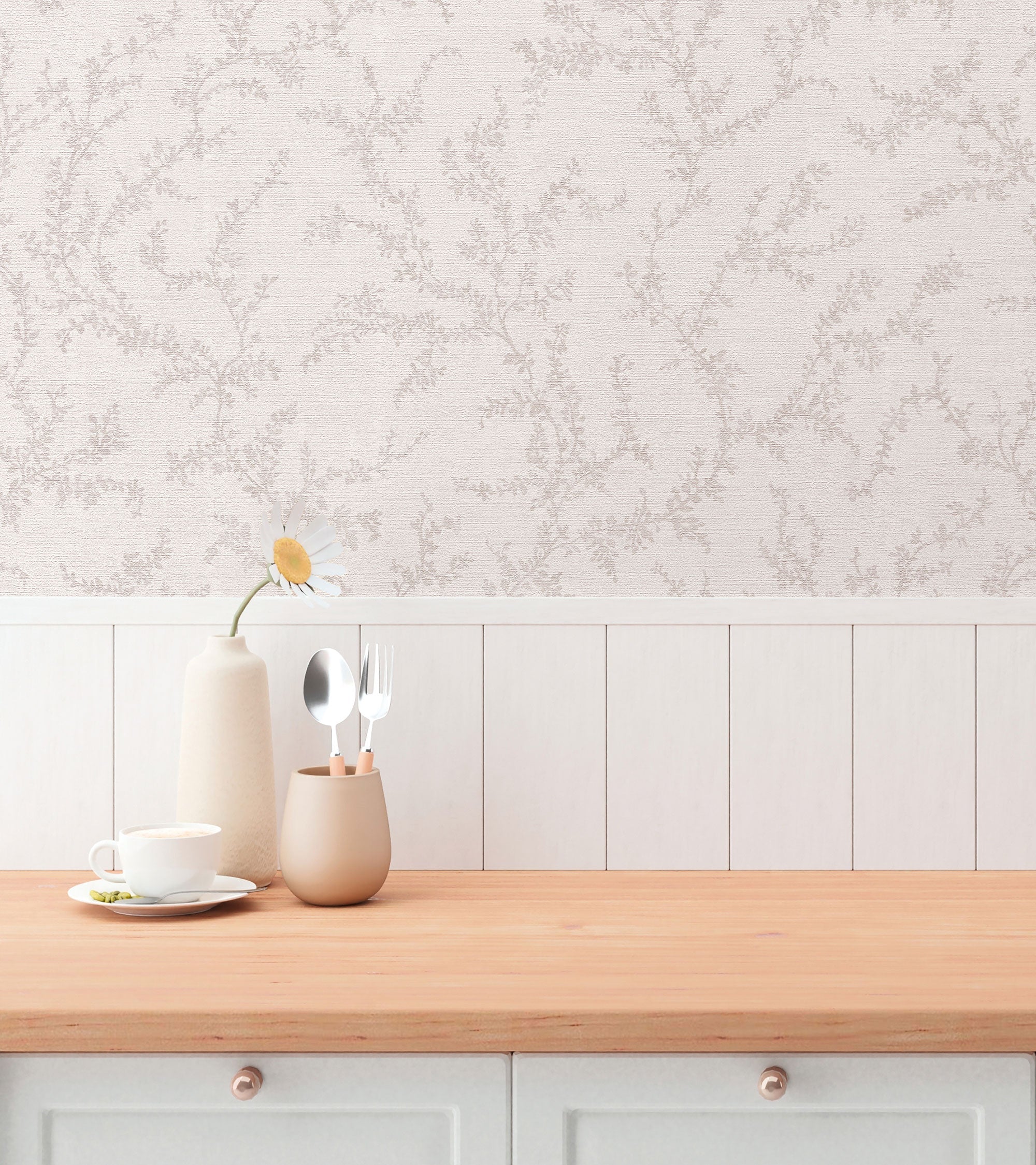 Trailing Vines Motif Beige and Silver Grey Hygge Home Wallpaper by Galerie