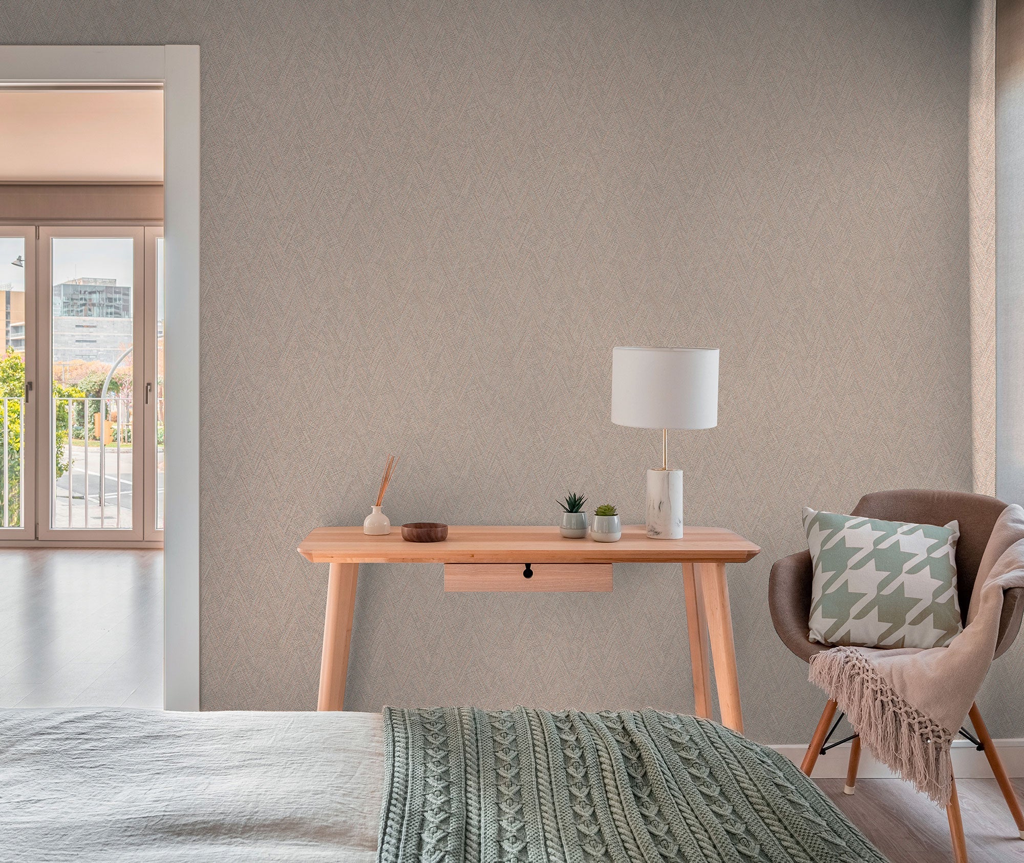 Herringbone Weave Motif Bronze Brown and Beige Hygge Home Wallpaper by Galerie