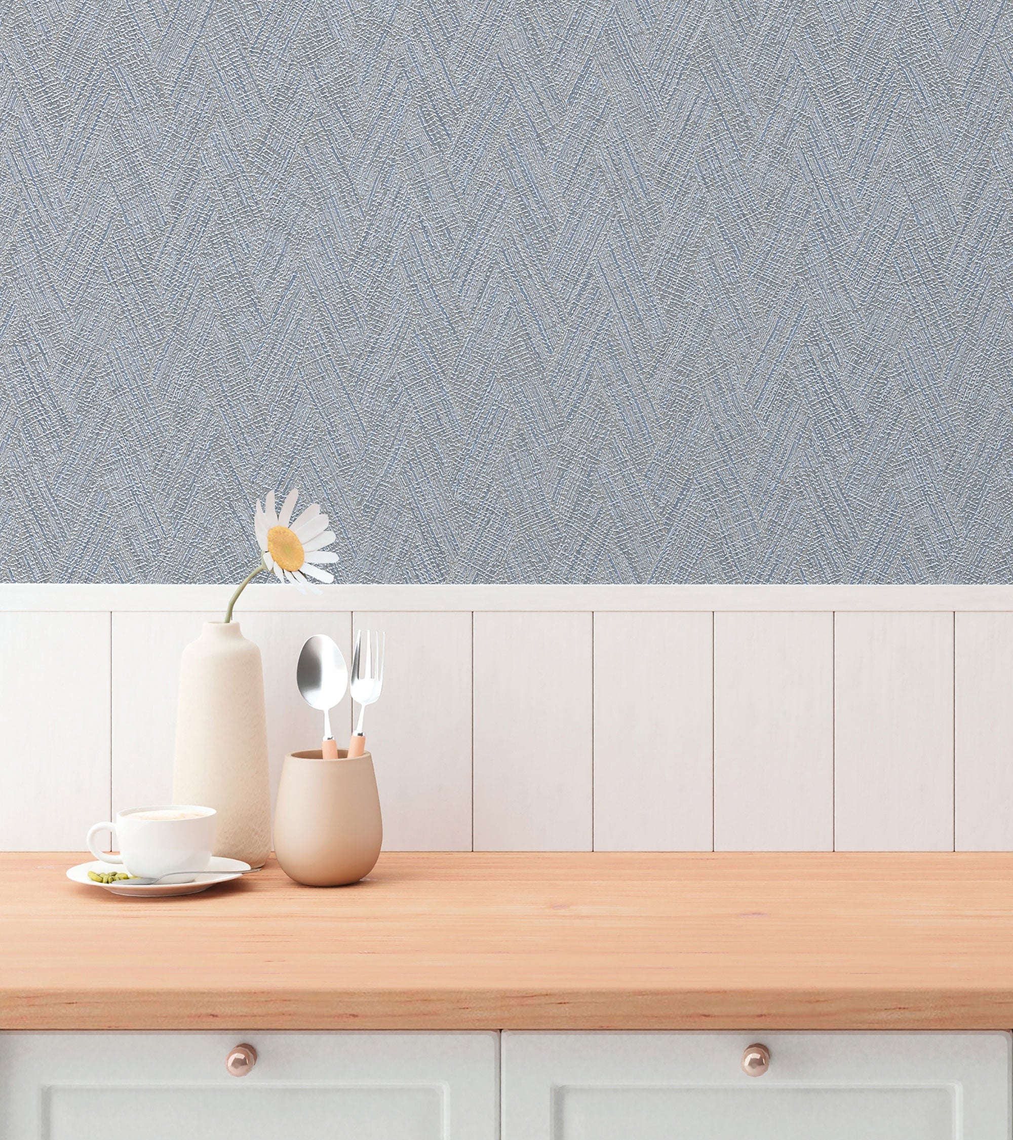 Herringbone Weave Motif Blue and Beige Hygge Home Wallpaper by Galerie