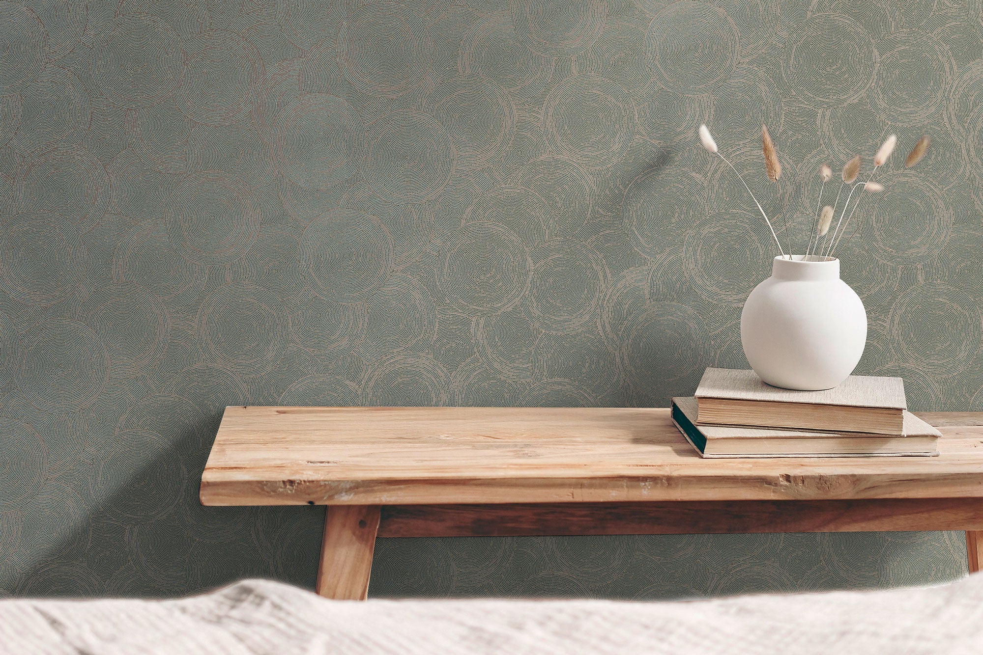 Stone Circles Motif Green and Rose Gold Hygge Home Wallpaper by Galerie