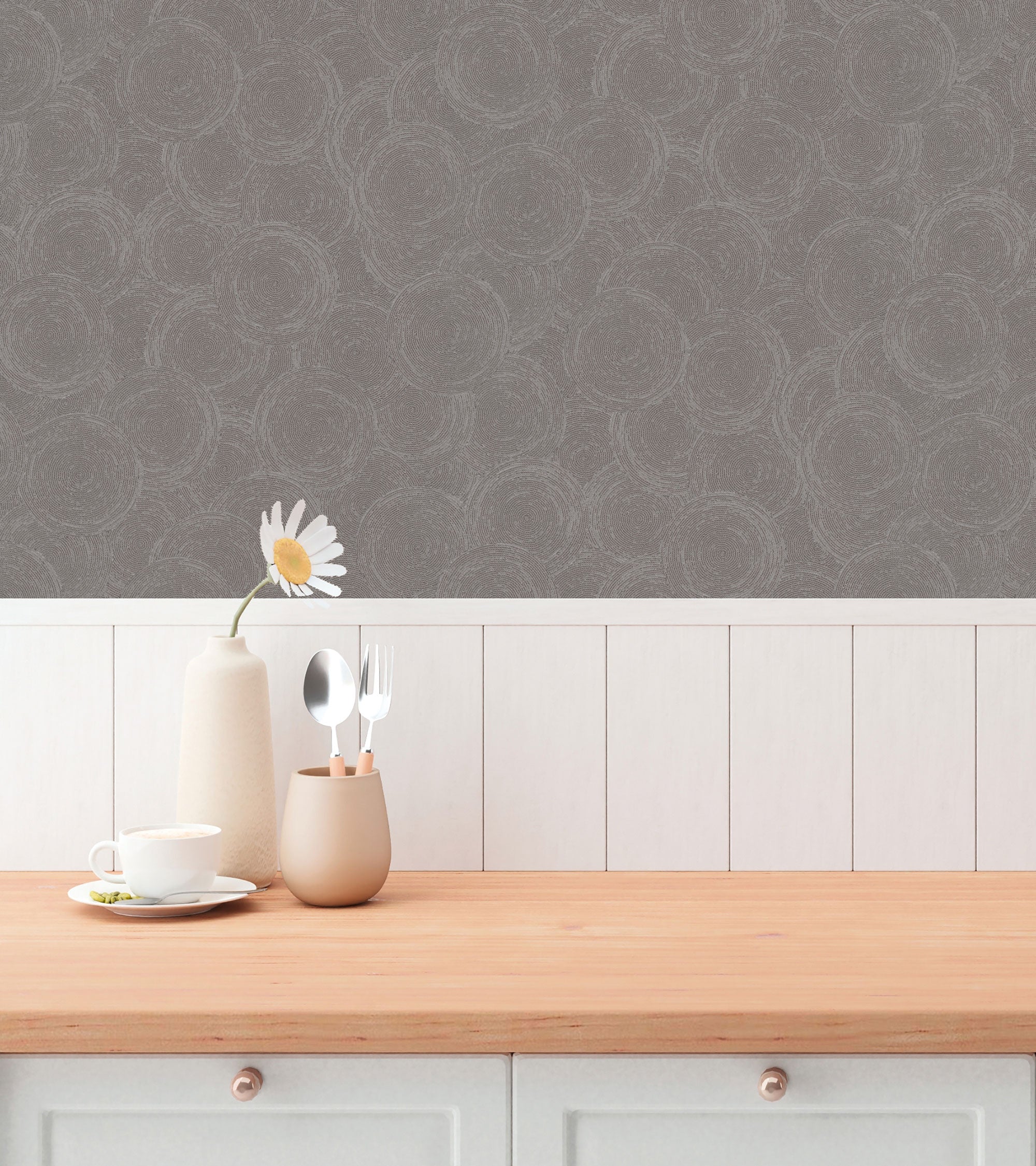 Stone Circles Motif Bronze Brown and Silver Grey Hygge Home Wallpaper by Galerie
