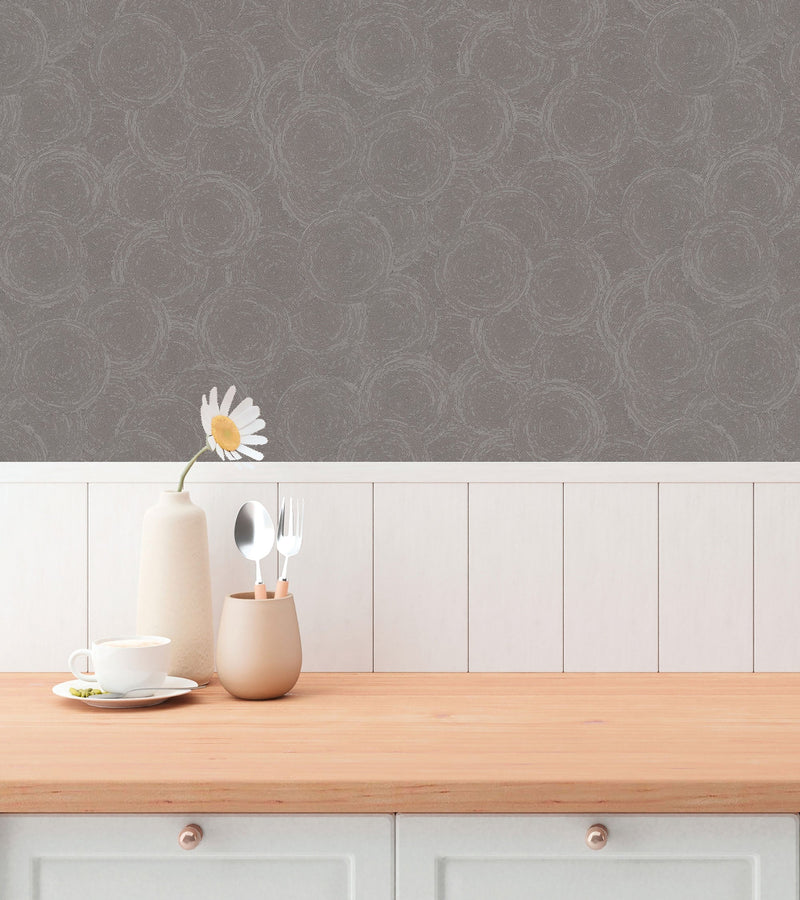 Stone Circles Motif Bronze Brown and Silver Grey Hygge Home Wallpaper by Galerie