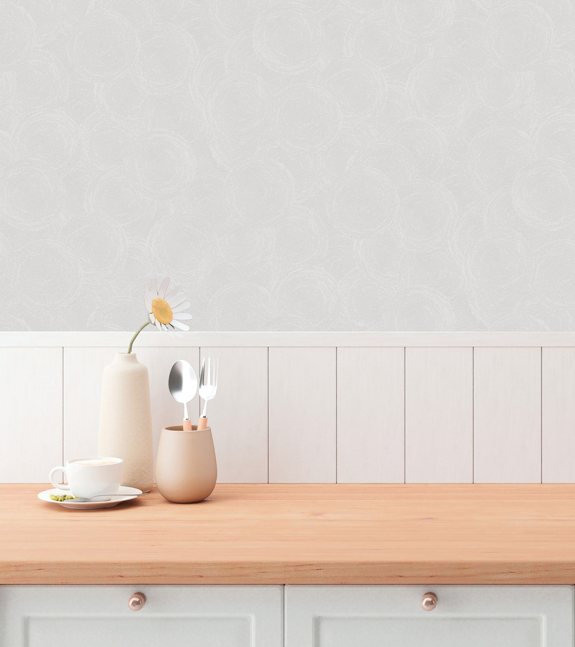 Stone Circles Motif Cream and Silver Grey Hygge Home Wallpaper by Galerie