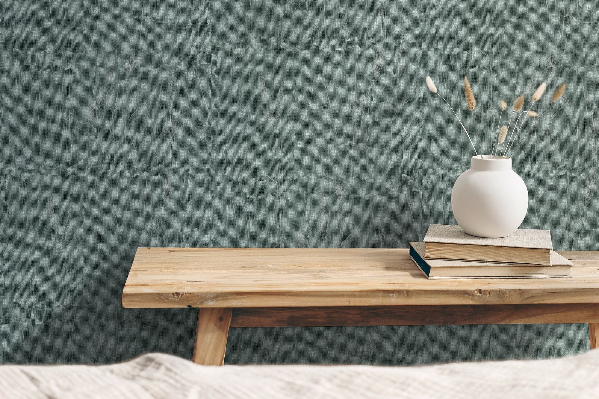 Meadow Stems Motif Green and Silver Grey Hygge Home Wallpaper by Galerie