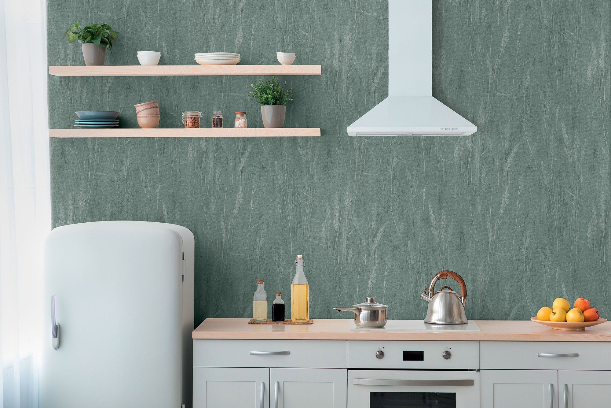 Meadow Stems Motif Green and Silver Grey Hygge Home Wallpaper by Galerie