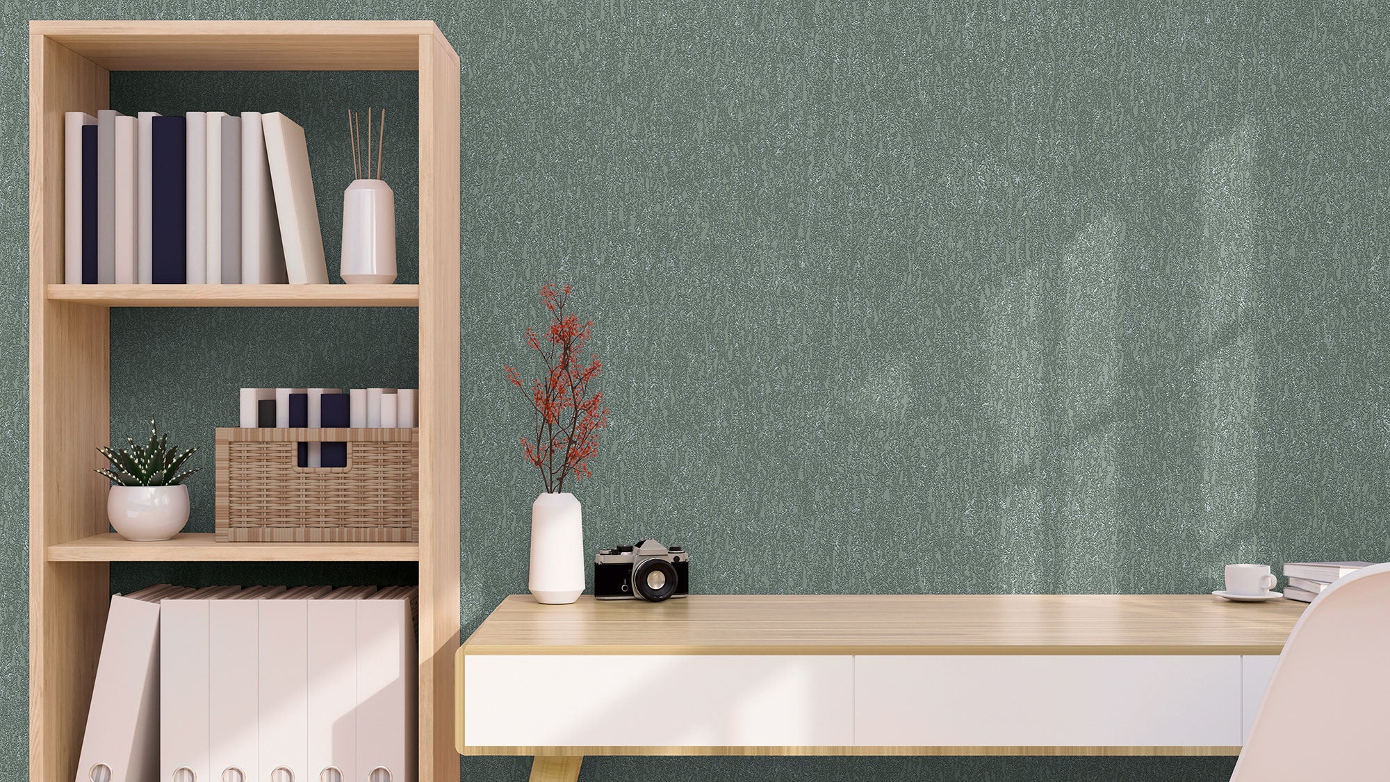 Soft Plaster Motif Green and Silver Grey Hygge Home Wallpaper by Galerie