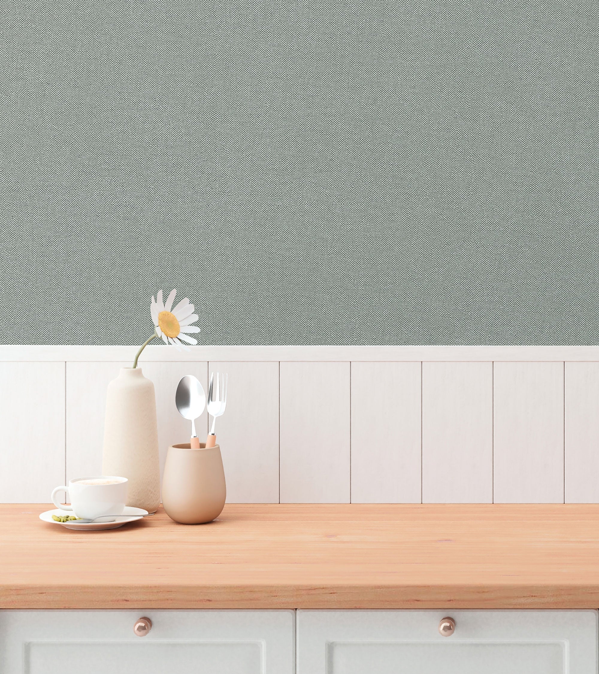 Plain Texture Green and Silver Grey Hygge Home Wallpaper by Galerie
