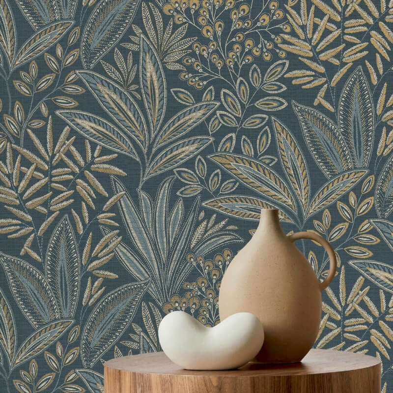 M1784 Sahara Leaf Navy Wallpaper By Crown