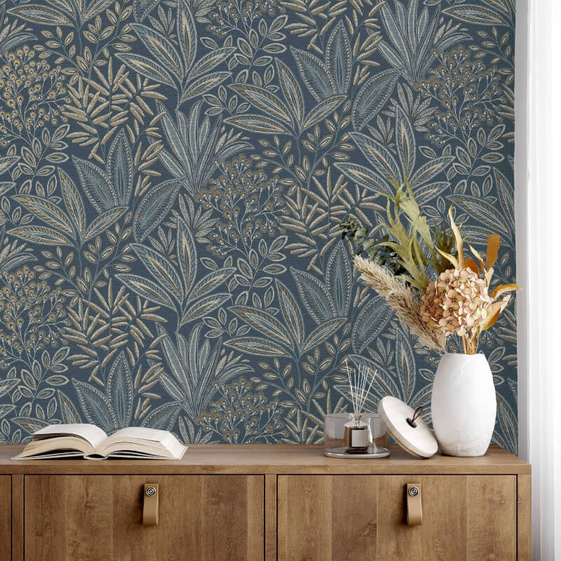 M1784 Sahara Leaf Navy Wallpaper By Crown