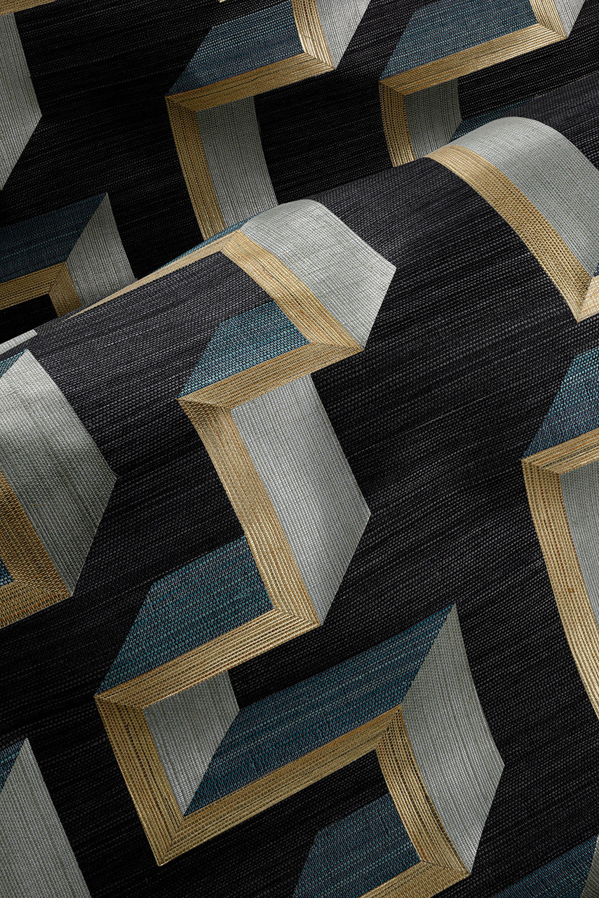 72703 Detour Marqueterie Gold Teal Wallpaper By Arte