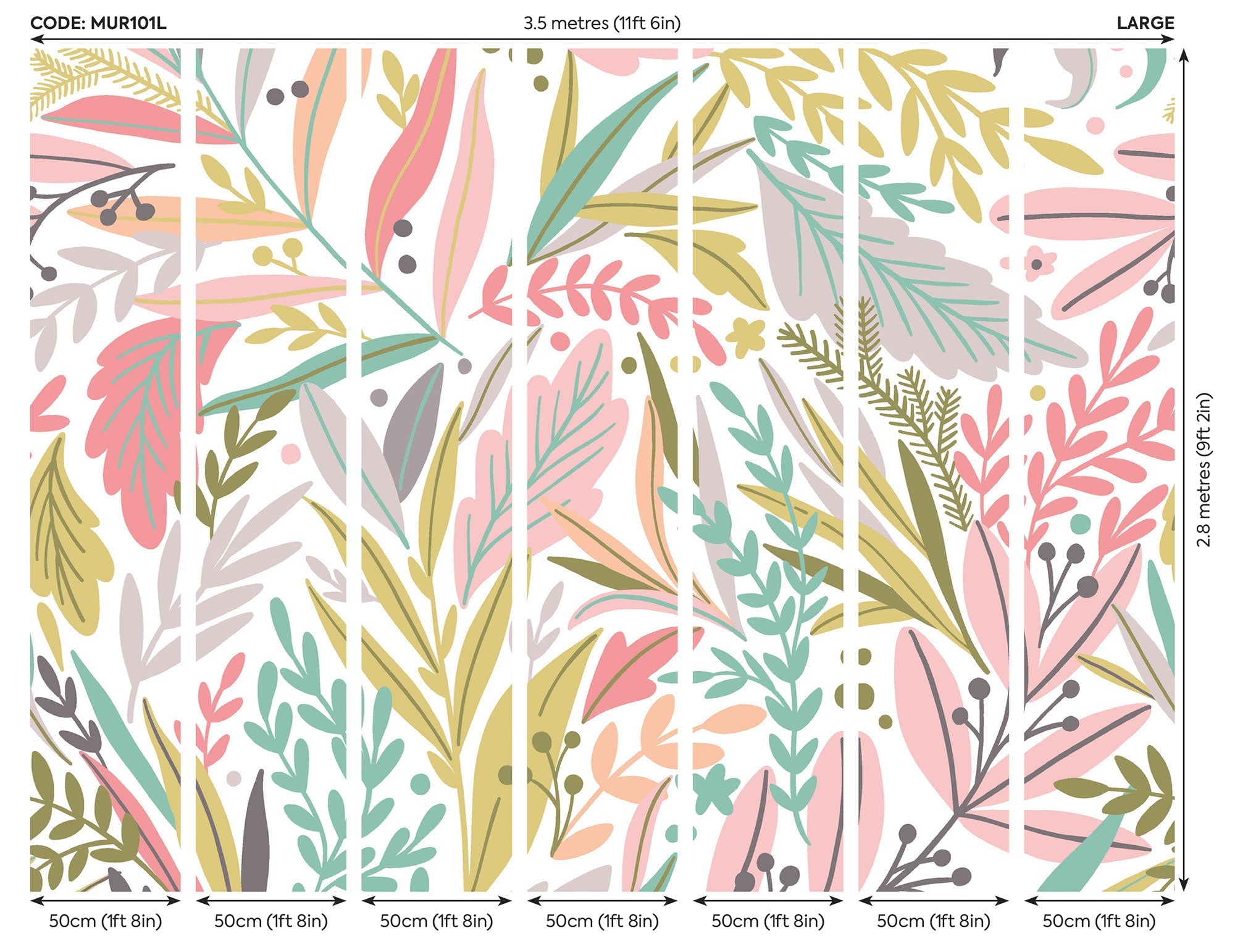 Patterned Leaves Olive  & Blush Mural (Large) by Origin Murals