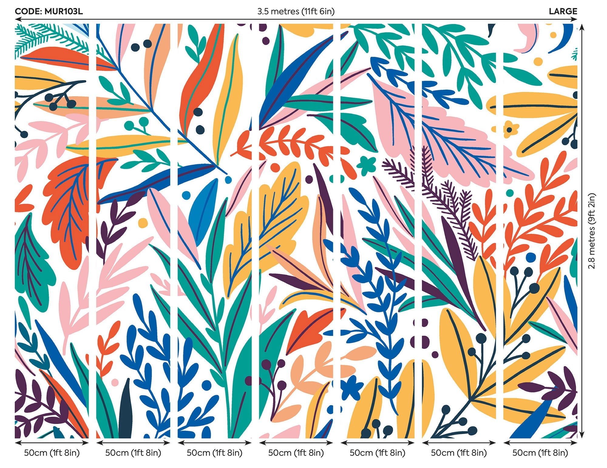 Patterned Leaves Multi Bright Mural (Large) by Origin Murals