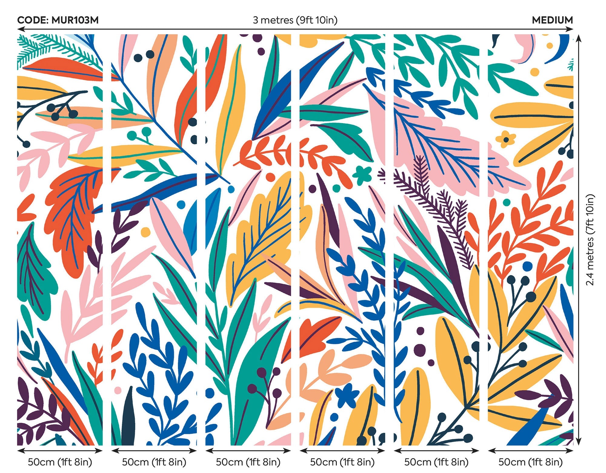 Patterned Leaves Multi Bright Mural (Medium) by Origin Murals