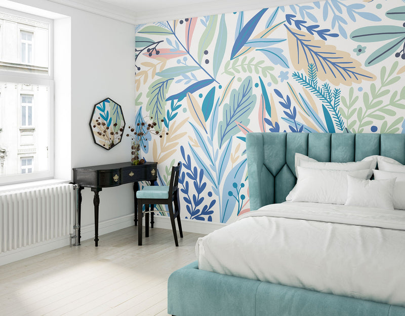 Patterned Leaves Washed Denim Mural (Medium) by Origin Murals