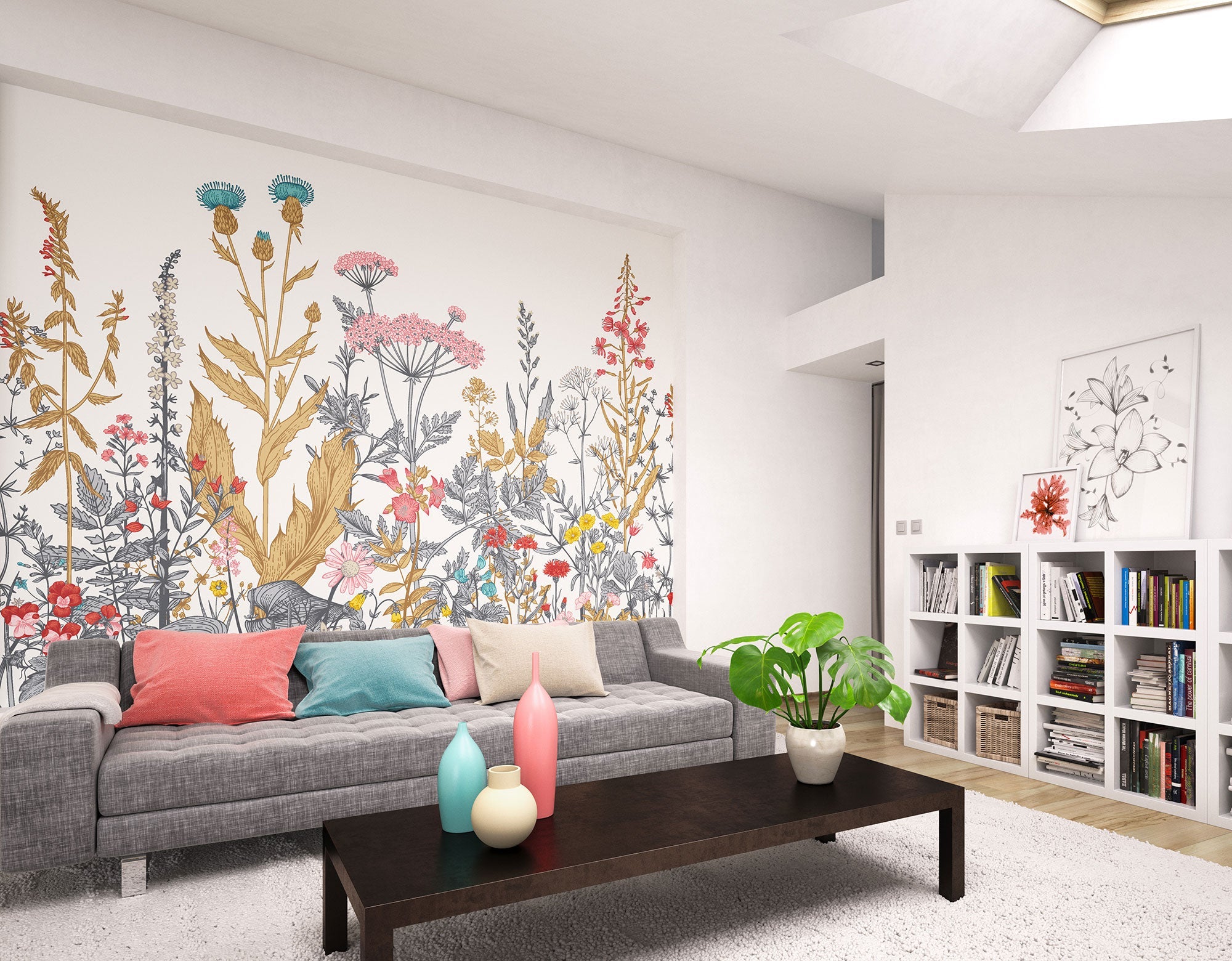 Botanical Fleur Dove & Coral Mural (Medium) by Origin Murals