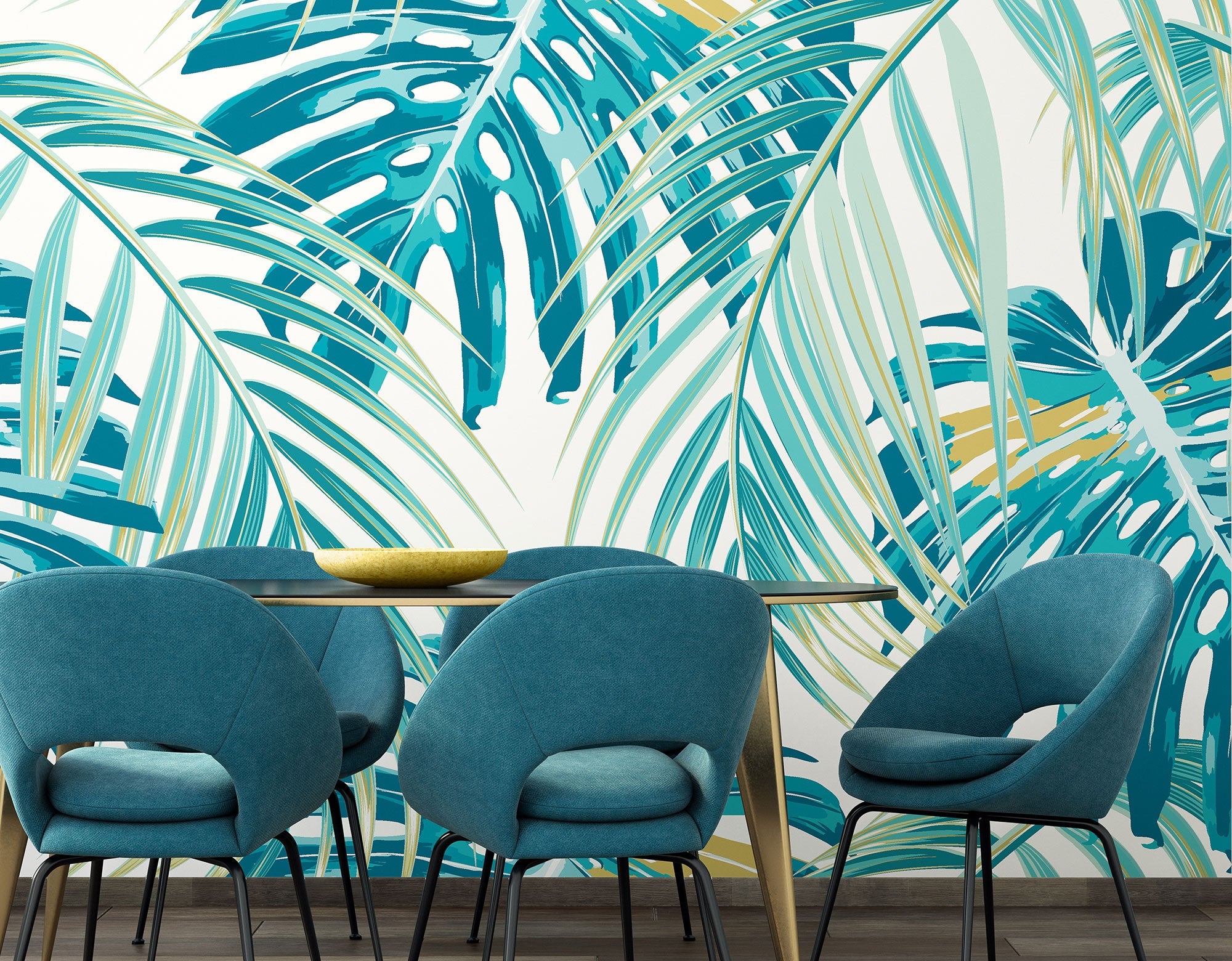 Tropical Leaves Teal Mural (Large) by Origin Murals