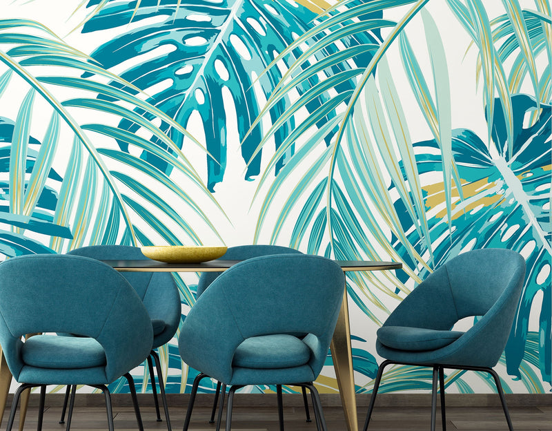 Tropical Leaves Teal Mural (Medium) by Origin Murals