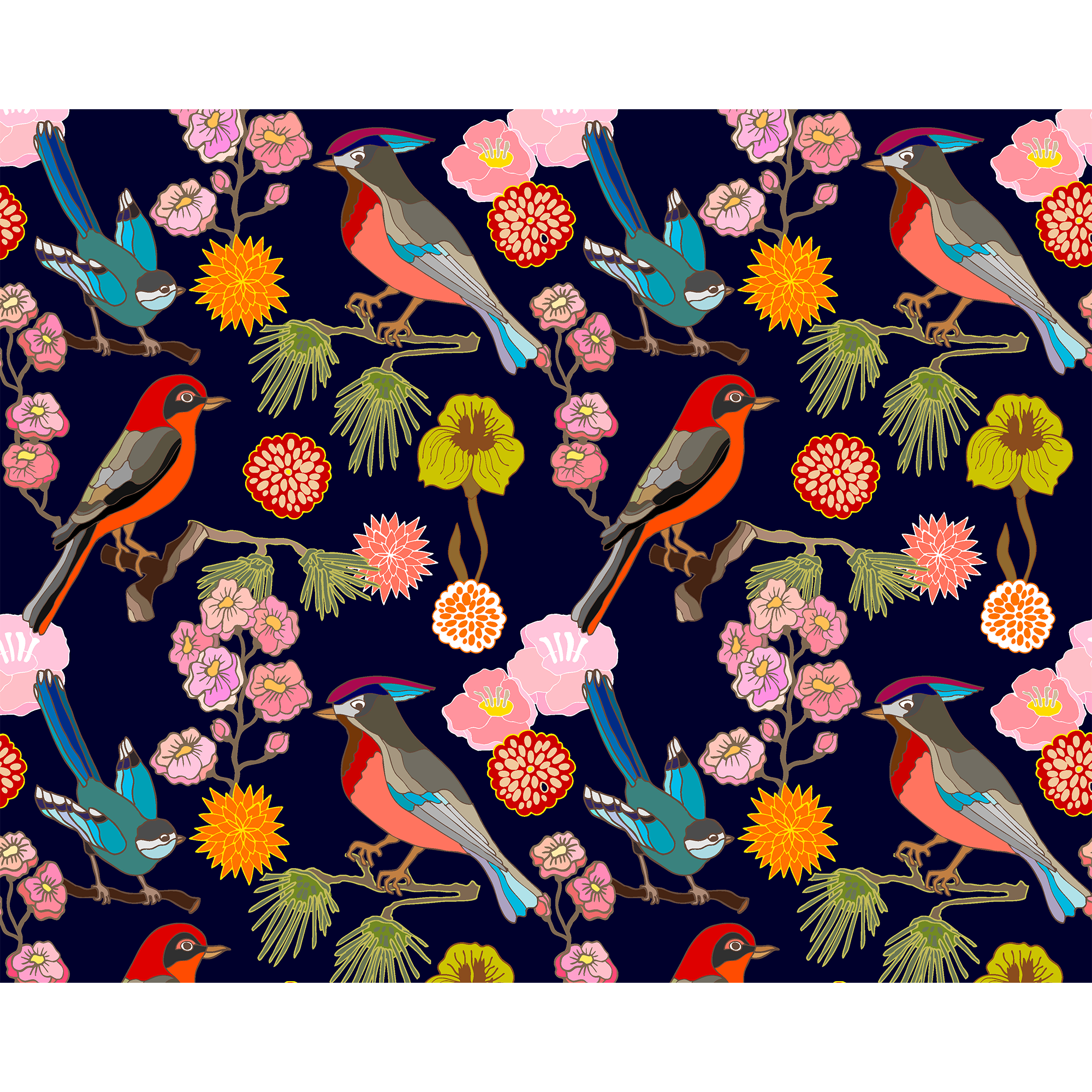 Floral Birds Ink Mural (Medium) by Origin Murals
