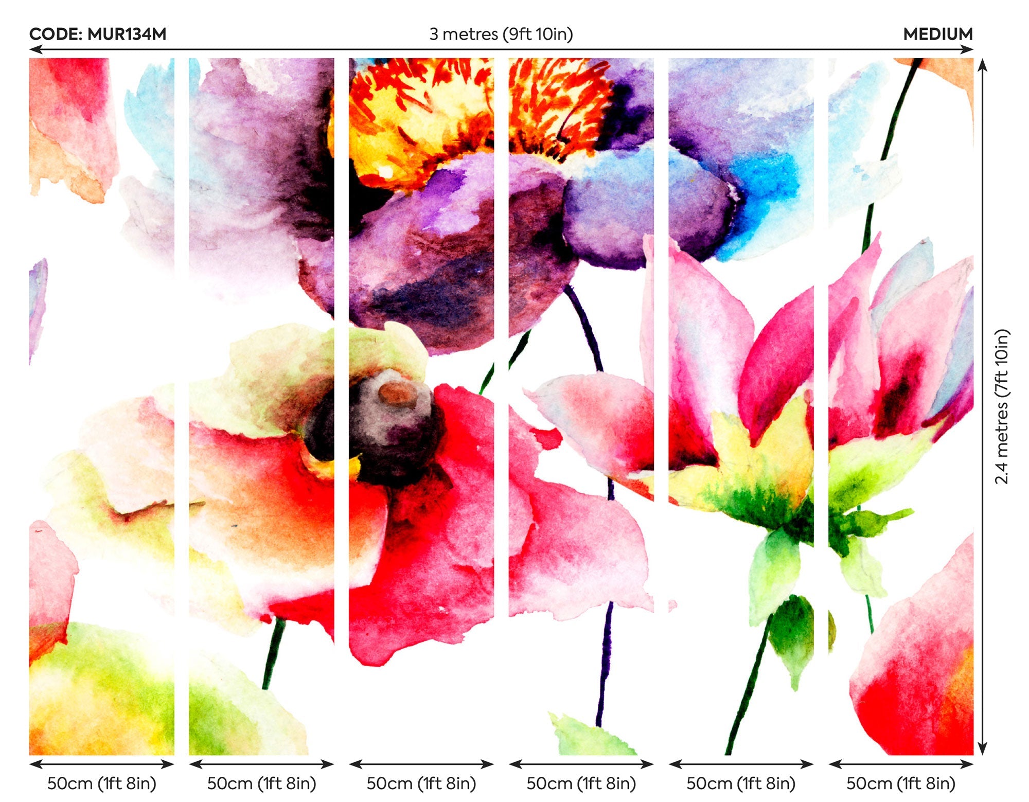 Watercolour Flora Multi Bright Mural (Medium) by Origin Murals