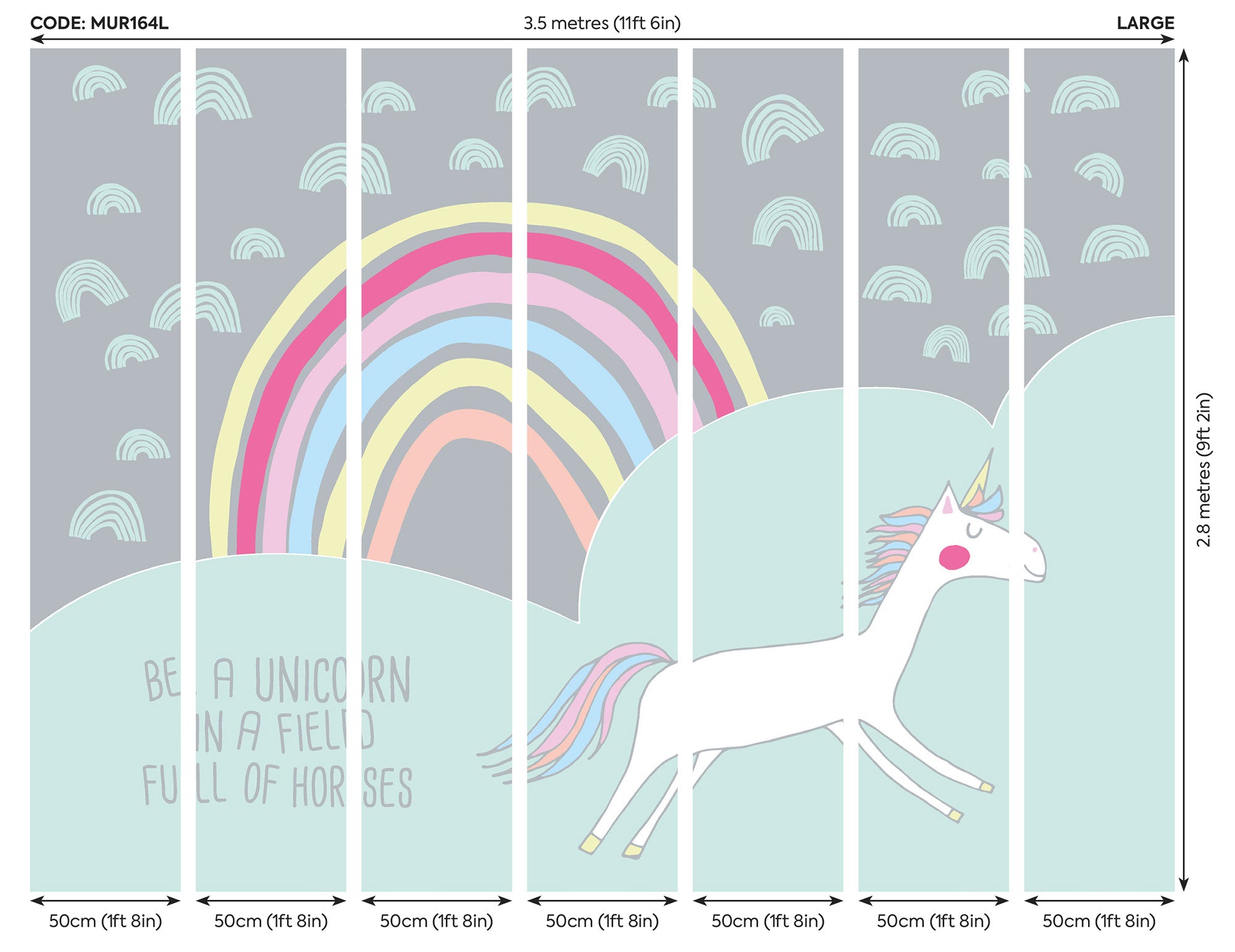 Rainbow Unicorn Mint & Grey Mural (Large) by Origin Murals