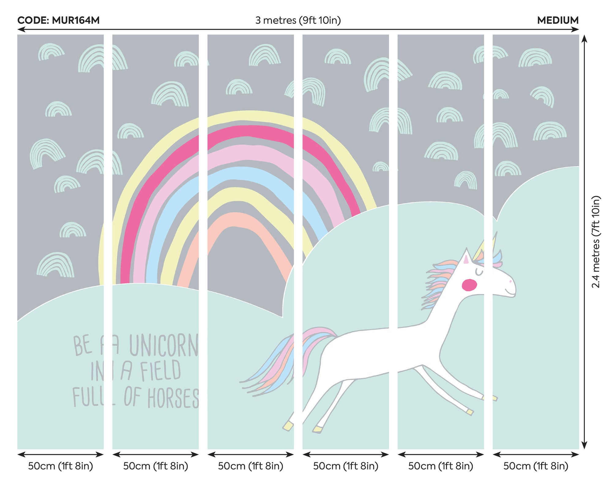 Rainbow Unicorn Mint & Grey Mural (Medium) by Origin Murals