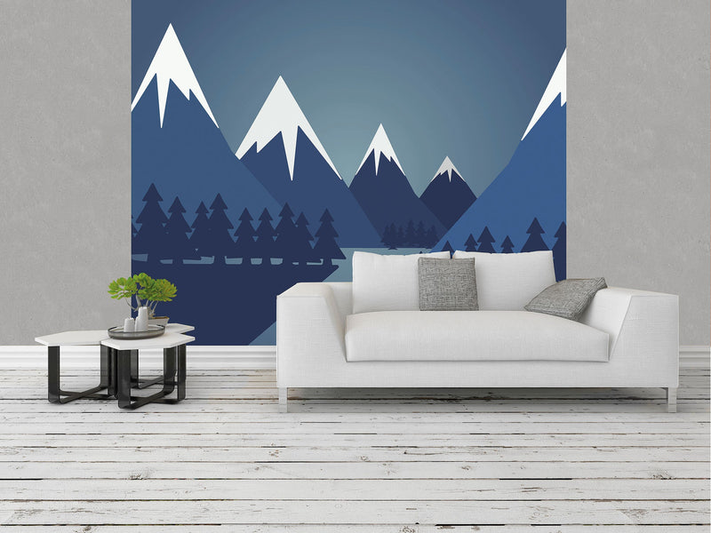 Snowy Mountain Valley Steel Blue Mural (Large) by Origin Murals