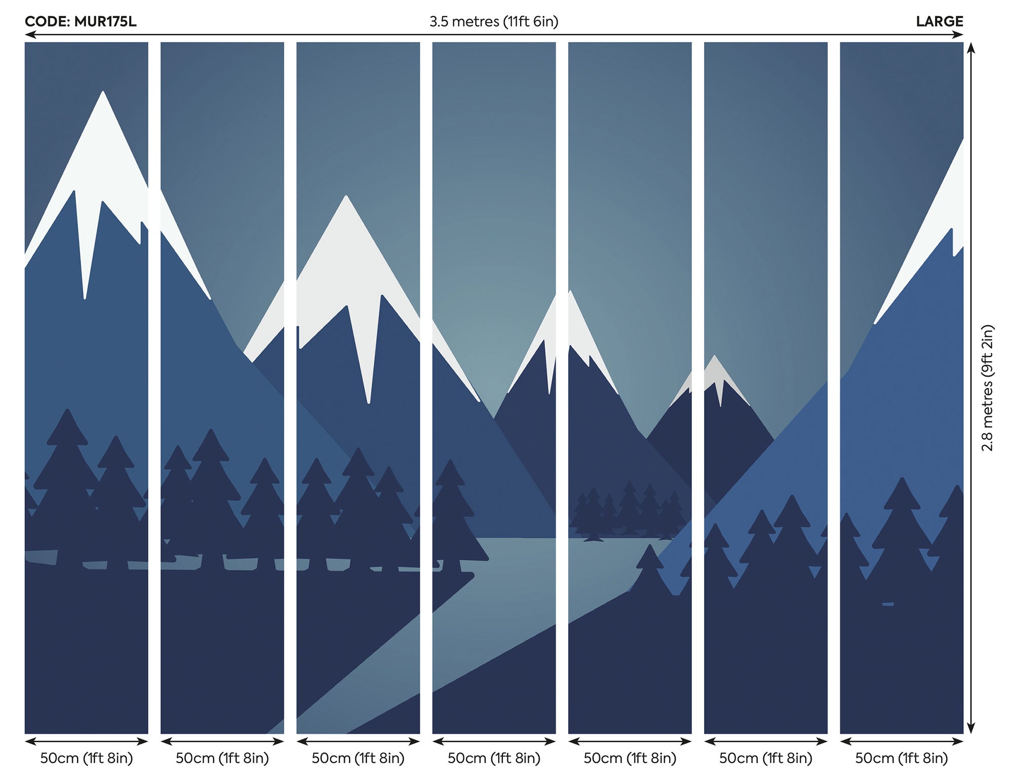 Snowy Mountain Valley Steel Blue Mural (Large) by Origin Murals