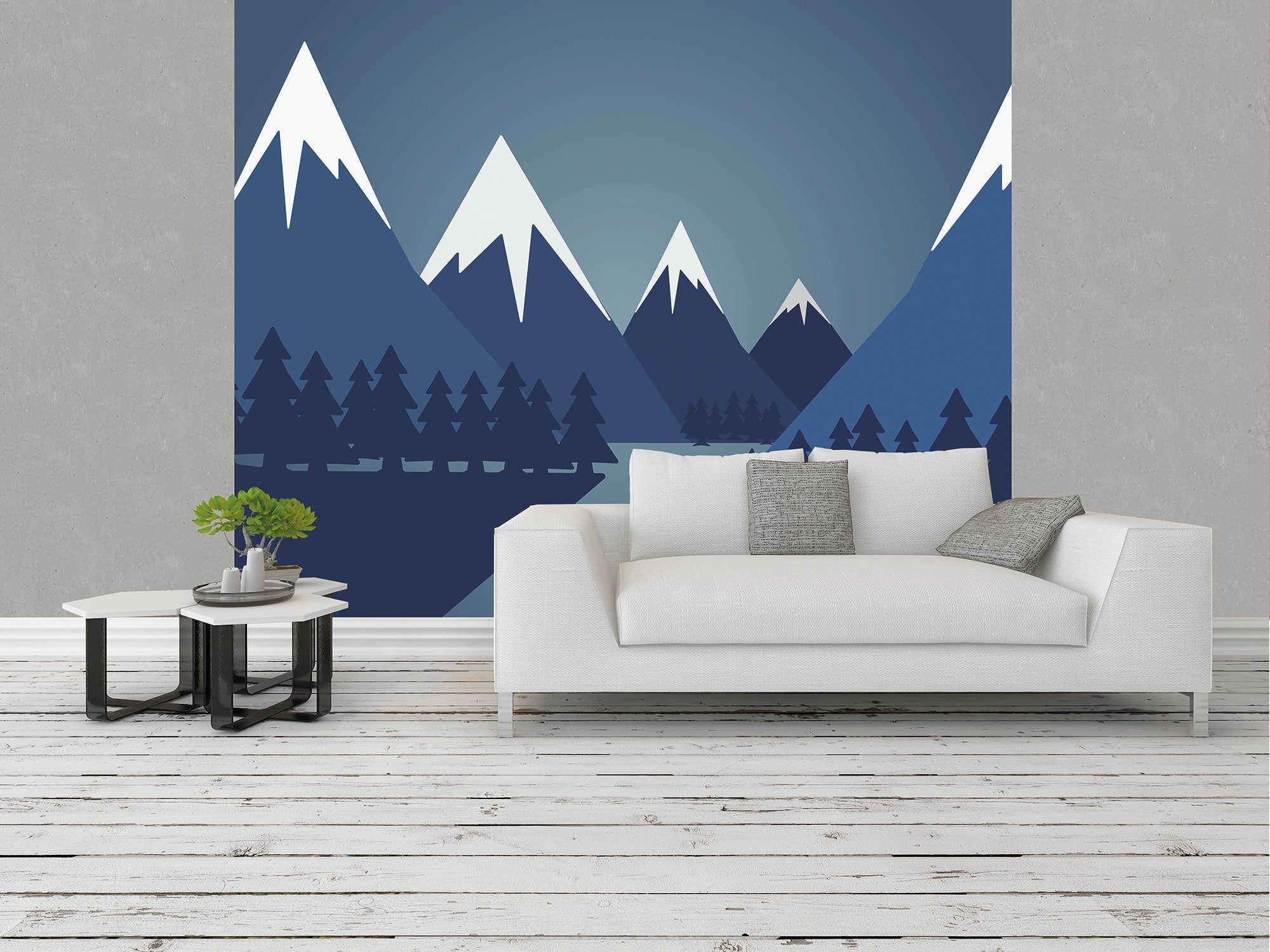 Snowy Mountain Valley Steel Blue Mural (Medium) by Origin Murals