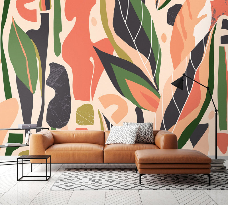 Abstract Leaf Shapes Orange Mural (Large) by Origin Murals