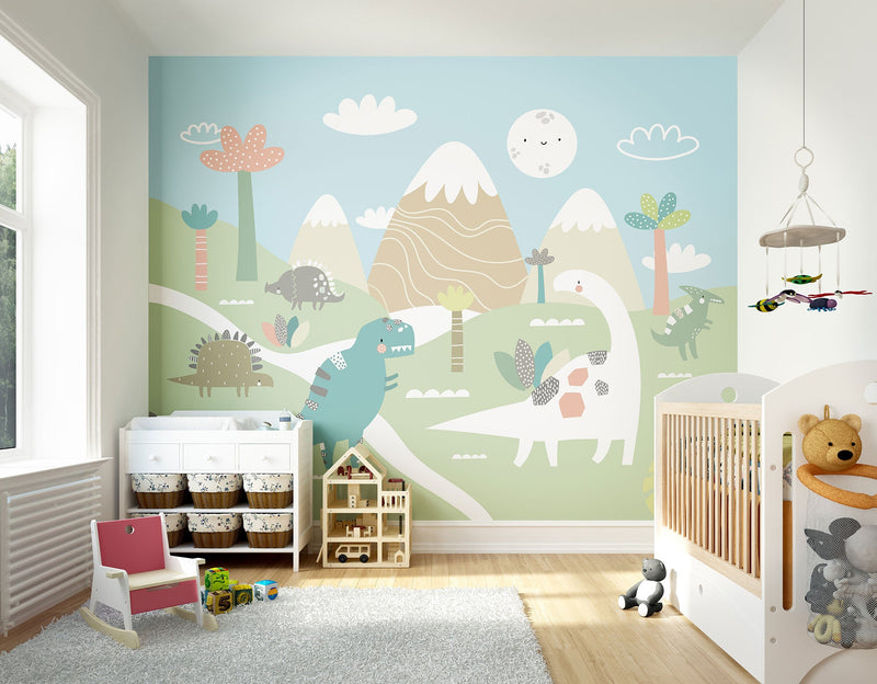 Dinosaur Land Pale Green Mural (Large) by Origin Murals