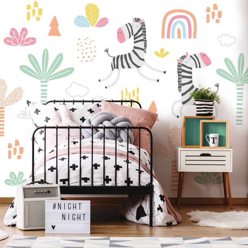 Dancing Zebras White Mural (Large) by Origin Murals