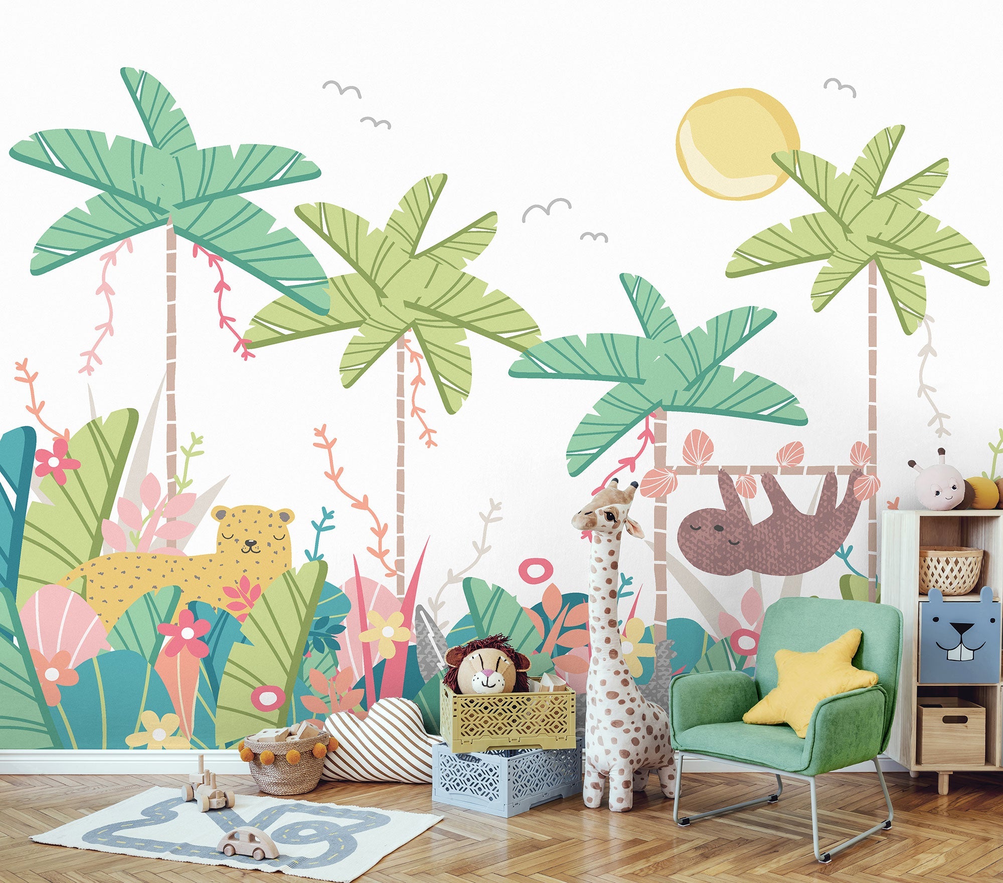Jungle Animals Pale Green Mural (Large) by Origin Murals