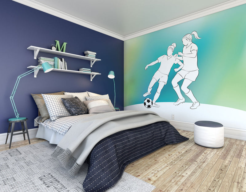 Girls Playing Football Green Mural (Medium) by Origin Murals