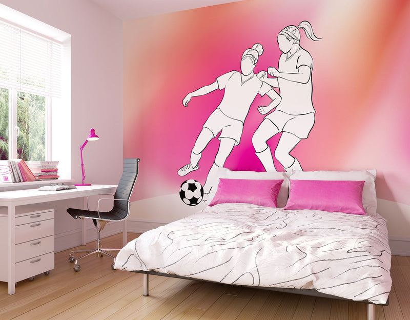Girls Playing Football Pink Mural (Medium) by Origin Murals