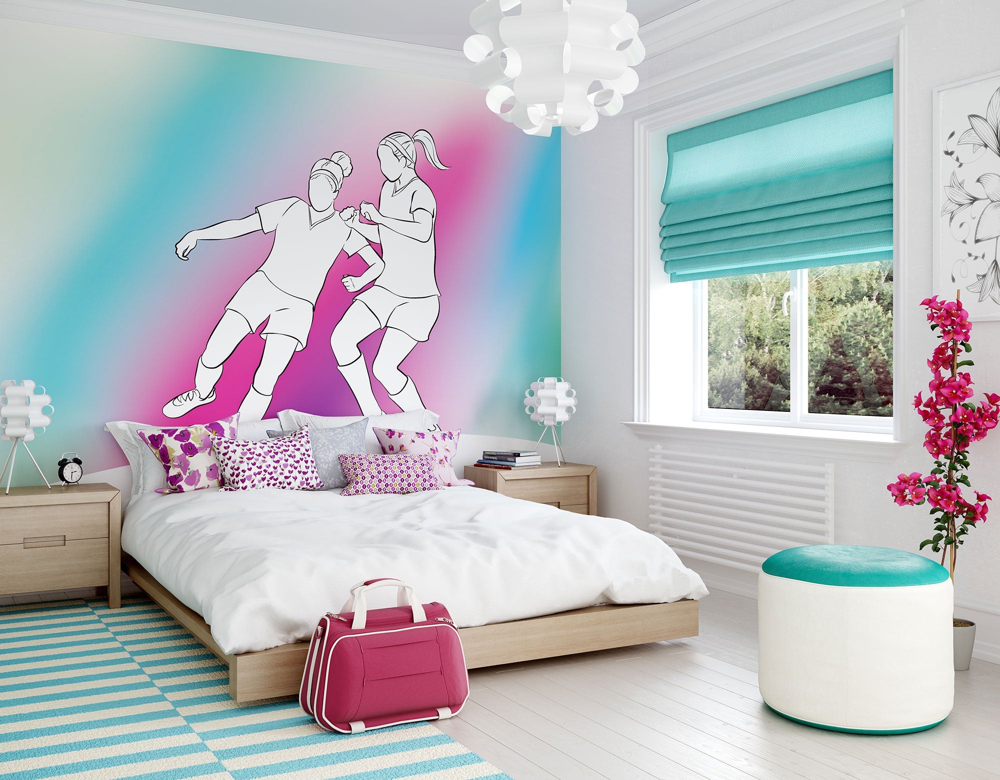 Girls Playing Football Blue Mural (Medium) by Origin Murals