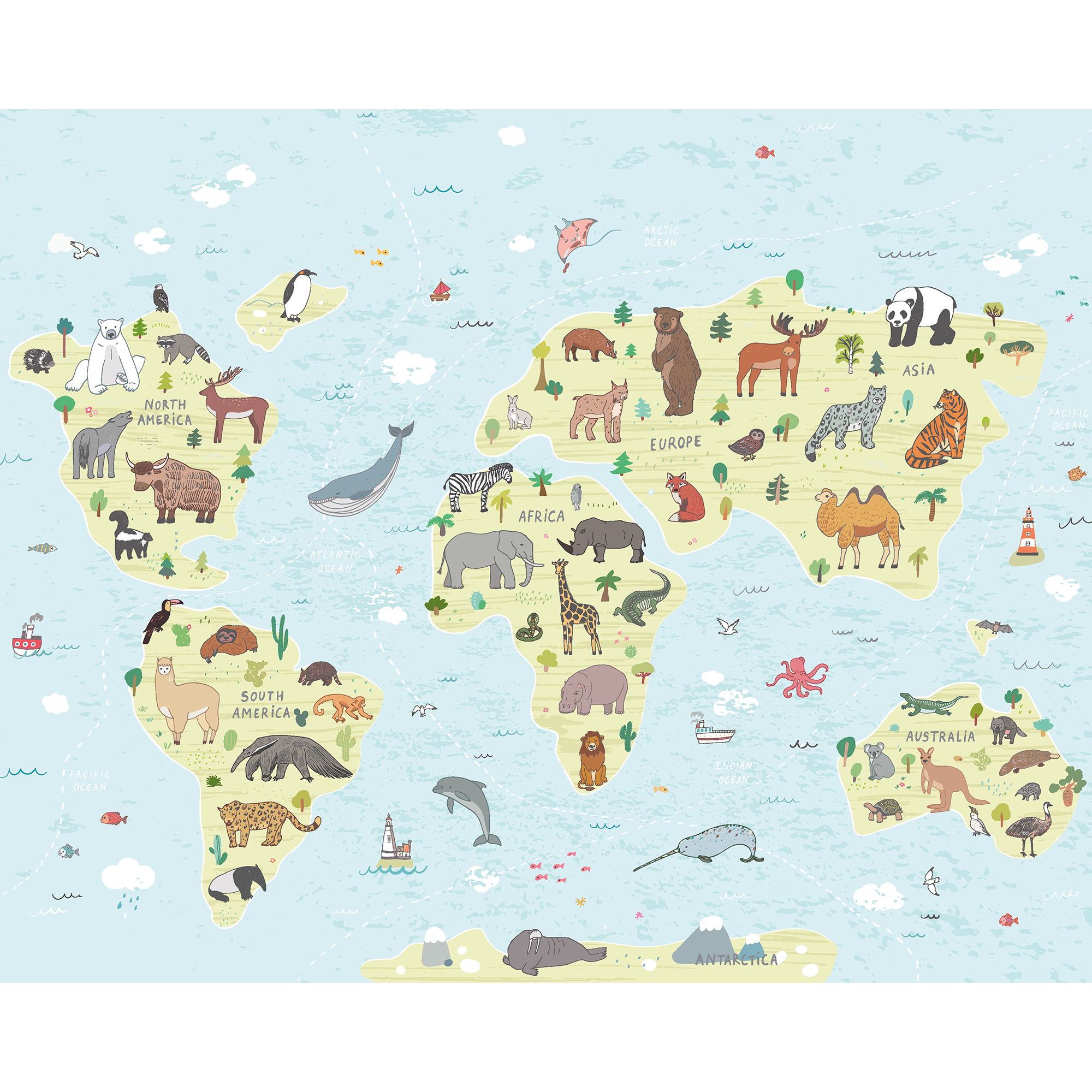 Childrens World Map Blue Mural (Large) by Origin Murals