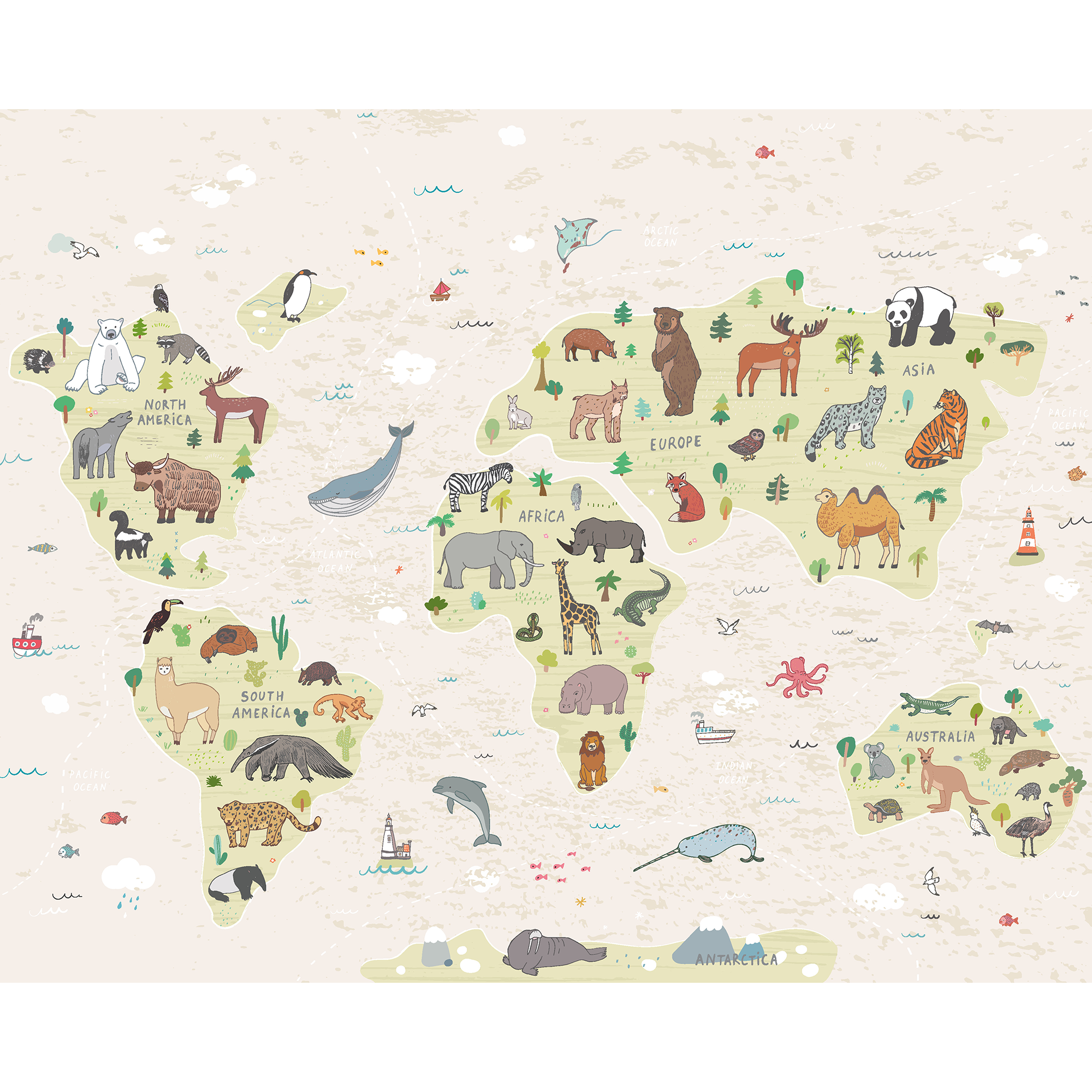 Childrens World Map Natural Mural (Medium) by Origin Murals