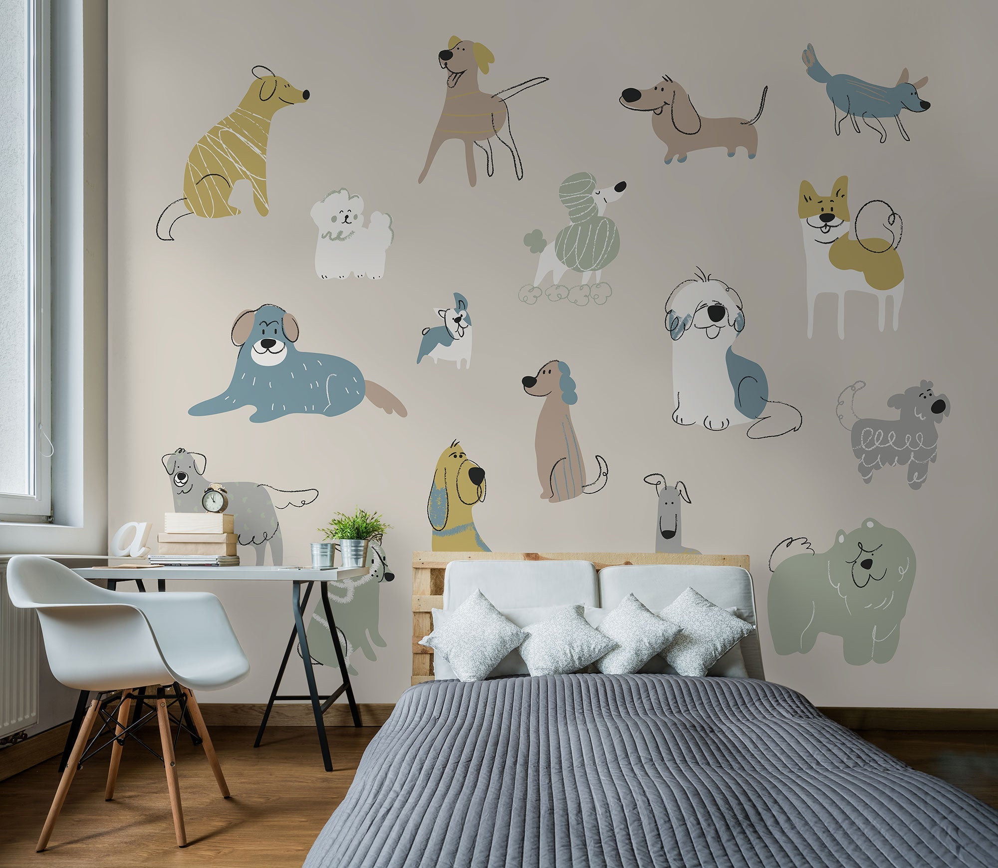 Happy Dogs Warm Grey Mural (Large) by Origin Murals