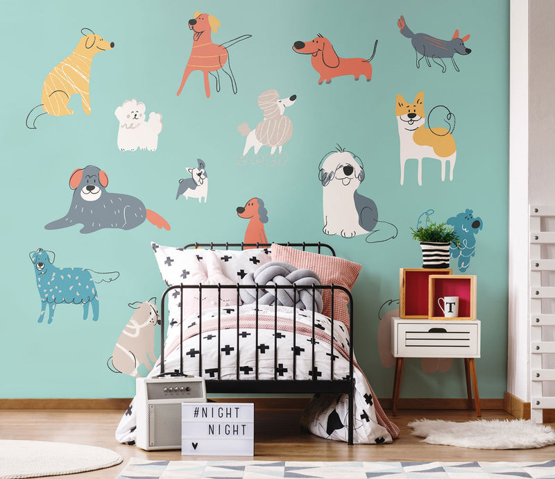 Happy Dogs Teal Blue Mural (Large) by Origin Murals