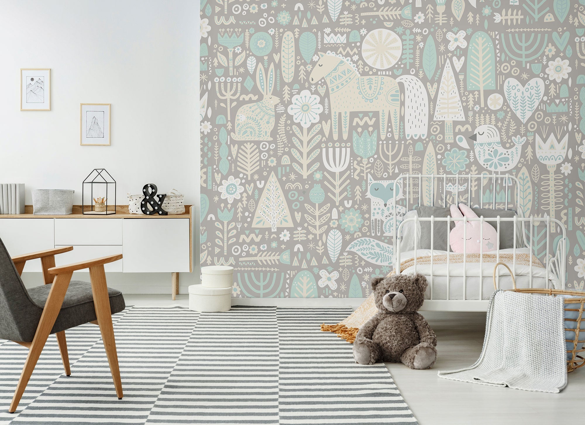 Scandi Forest Animals Warm Grey Mural (Medium) by Origin Murals