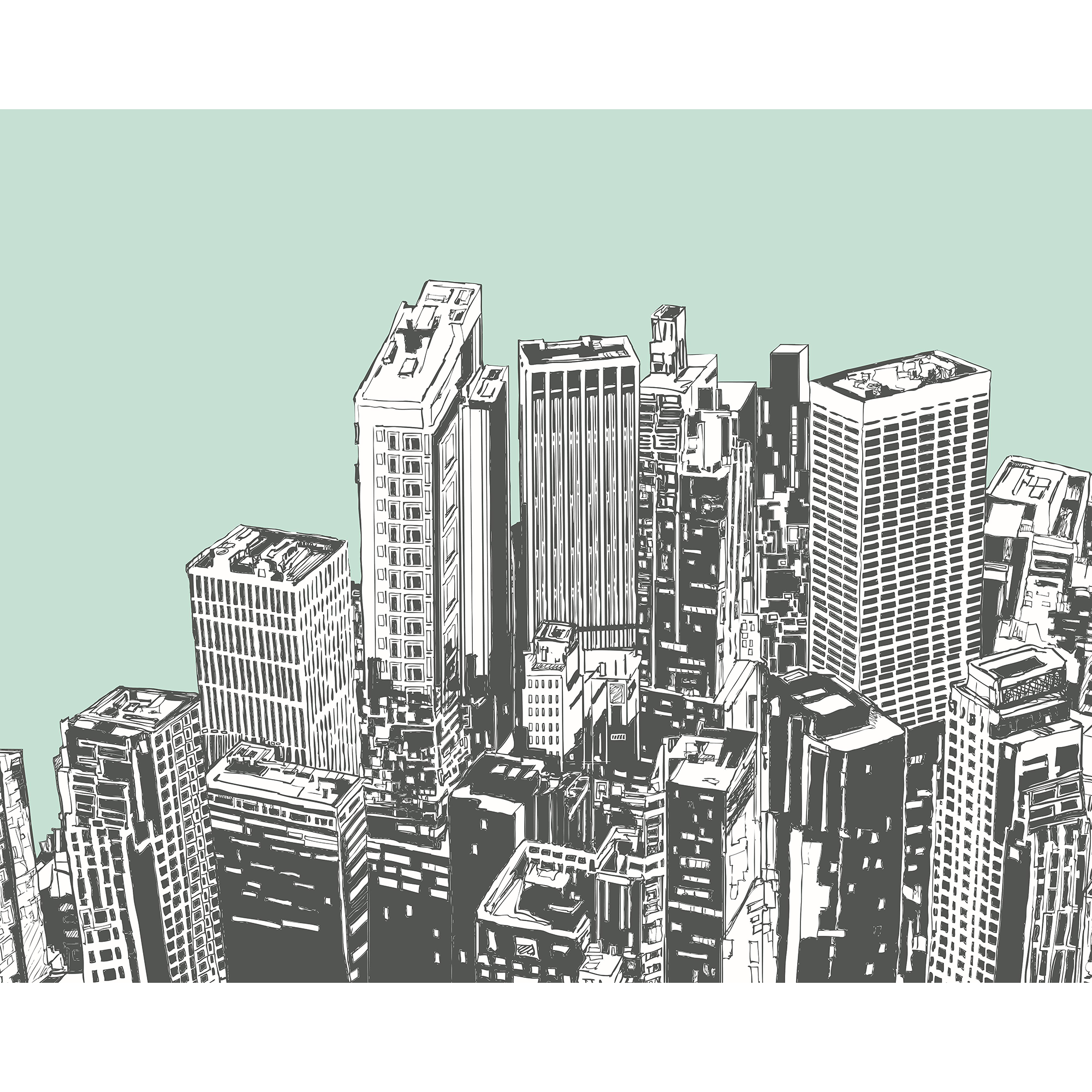 Urban City Skyscrapers Mint Green Mural (Large) by Origin Murals