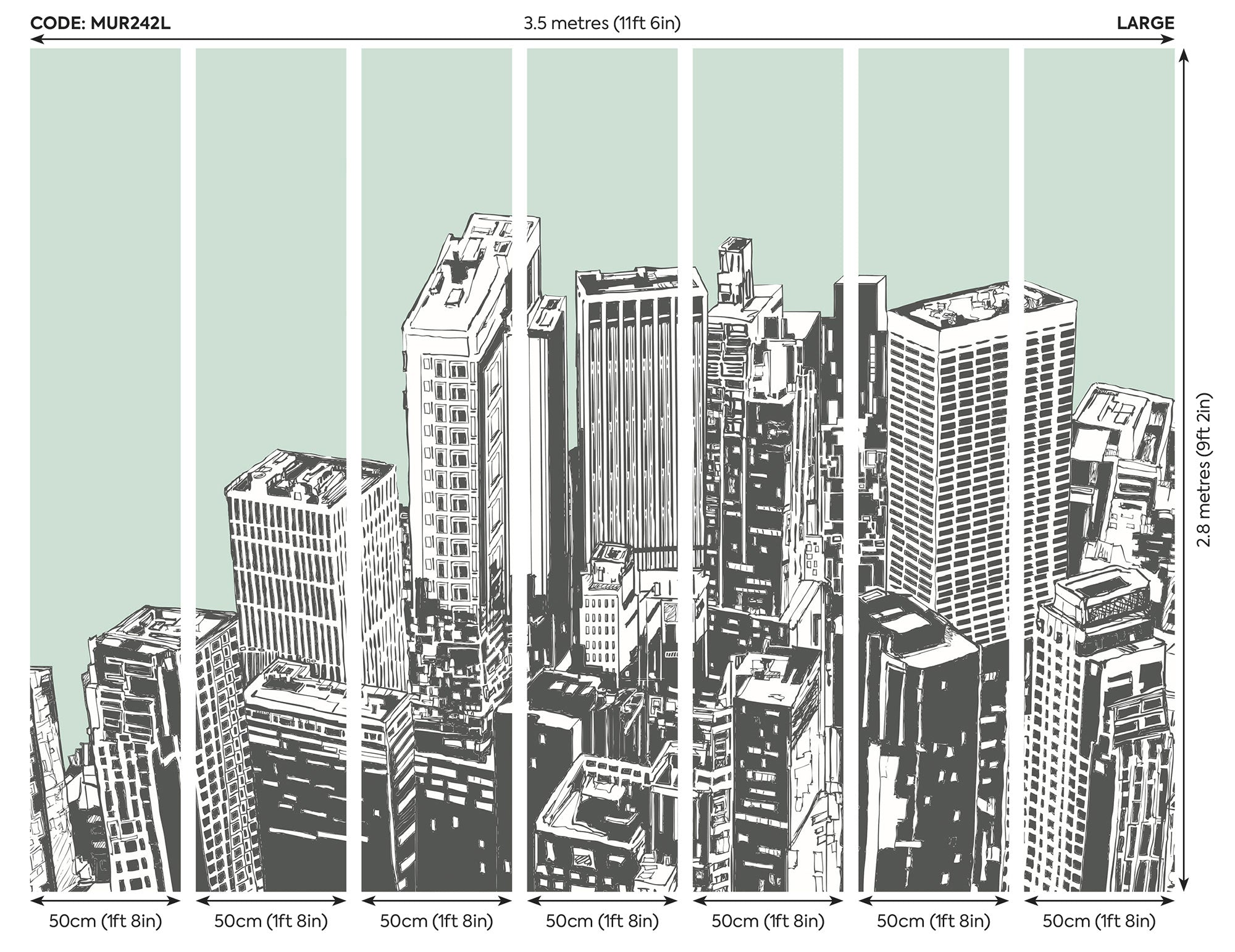 Urban City Skyscrapers Mint Green Mural (Large) by Origin Murals
