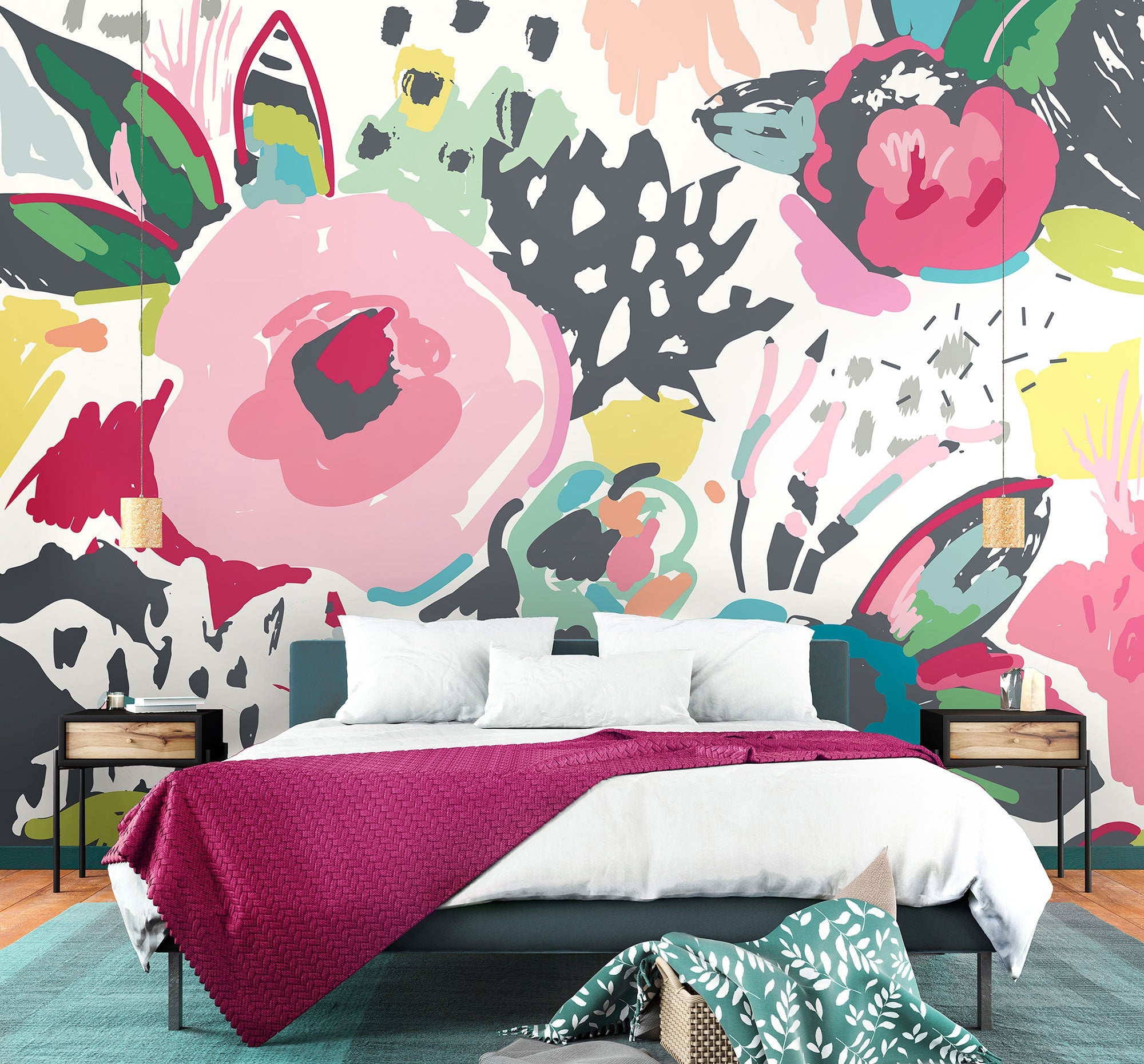 Abstract Floral Raspberry Pink Mural (Large) by Origin Murals