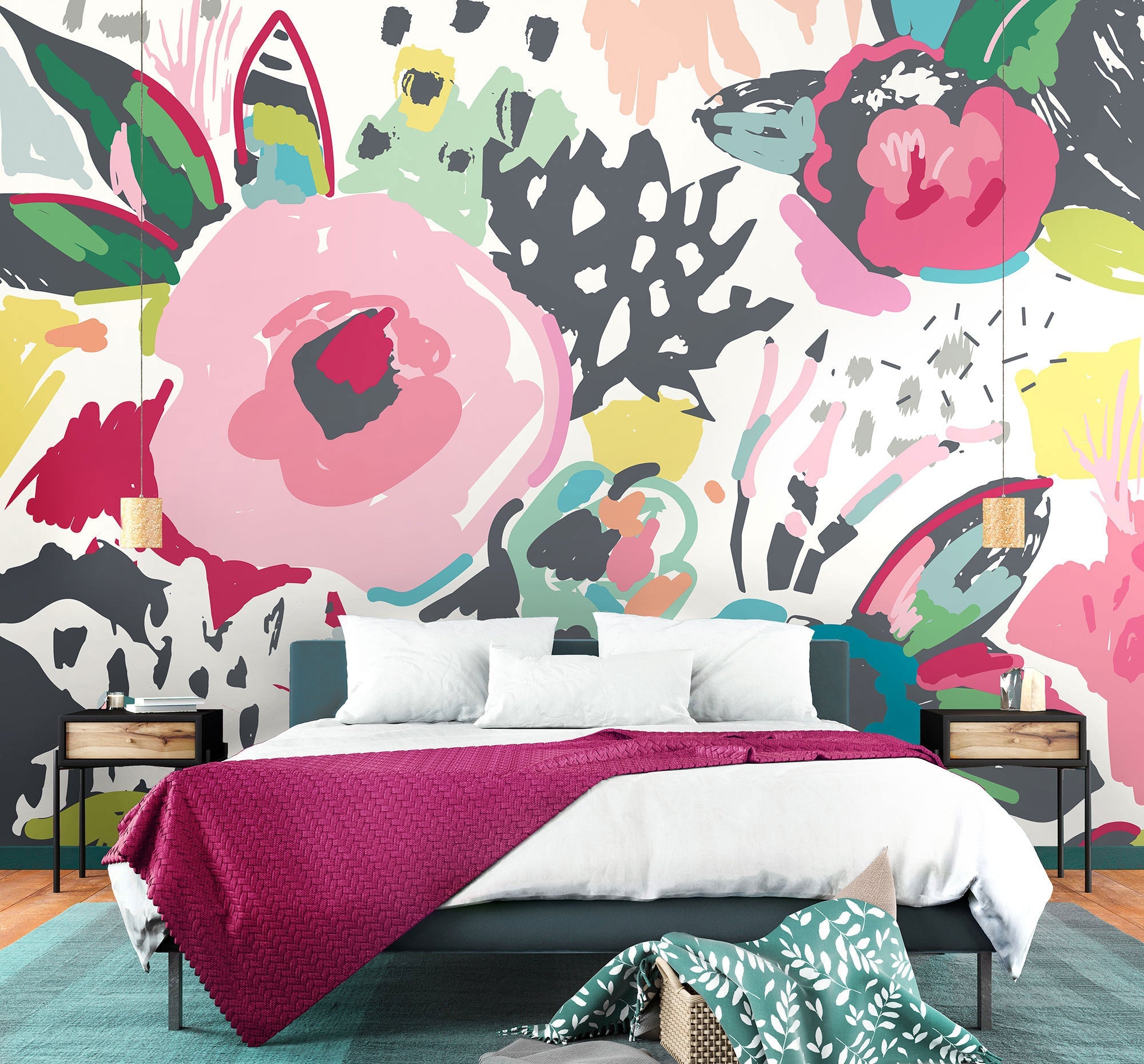 Abstract Floral Raspberry Pink Mural (Medium) by Origin Murals