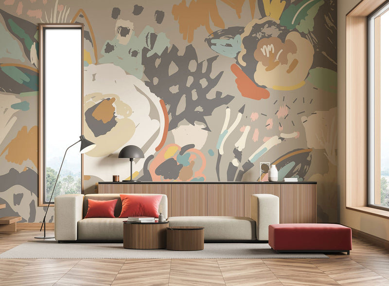 Abstract Floral Warm Grey Mural (Medium) by Origin Murals