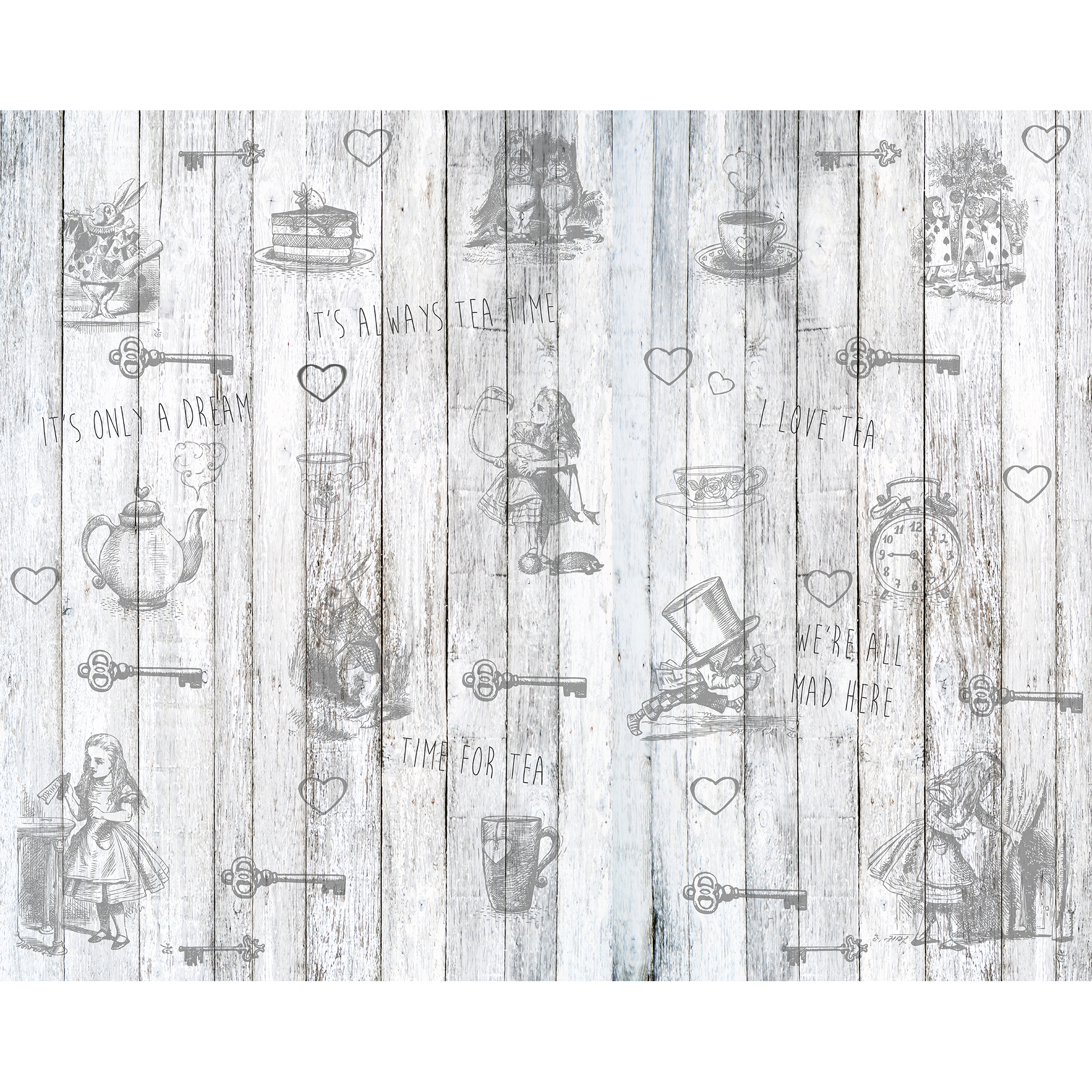 Alice In Wonderland Vintage Wood White Mural (Medium) by Origin Murals