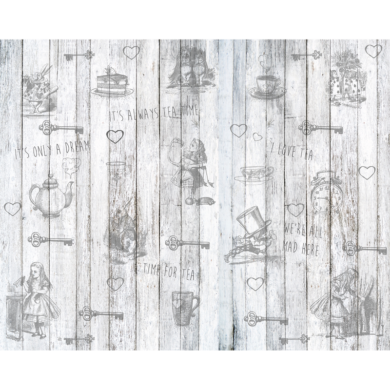 Alice In Wonderland Vintage Wood White Mural (Medium) by Origin Murals