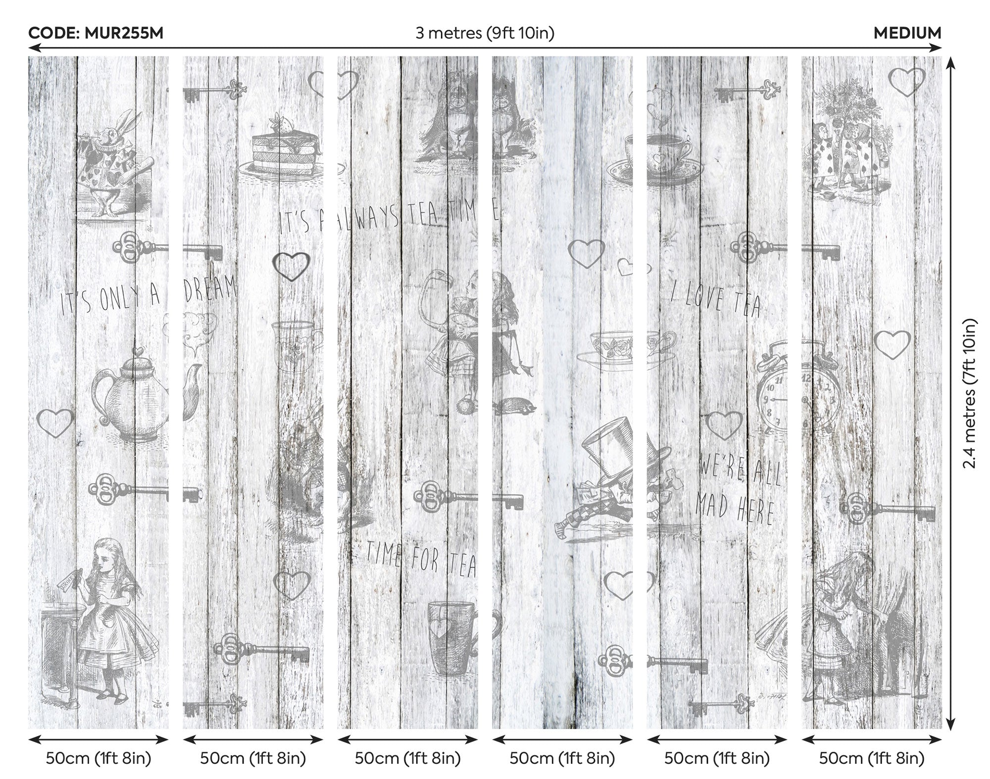 Alice In Wonderland Vintage Wood White Mural (Medium) by Origin Murals