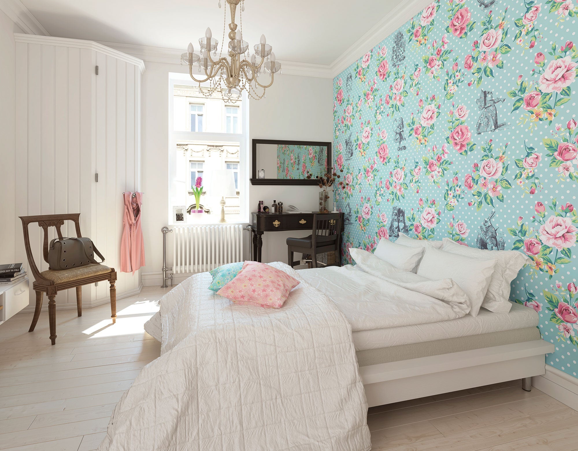 Alice In Wonderland English Rose Print Blue Mural (Large) by Origin Murals