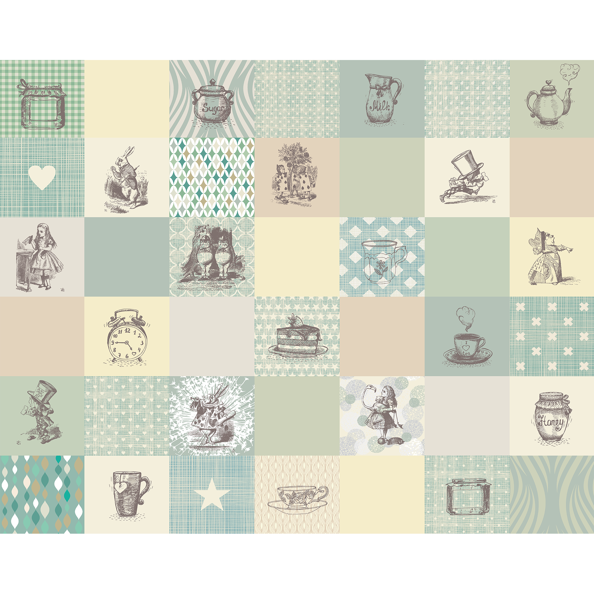 Alice In Wonderland Retro Illustrations Natural Mural (Large) by Origin Murals